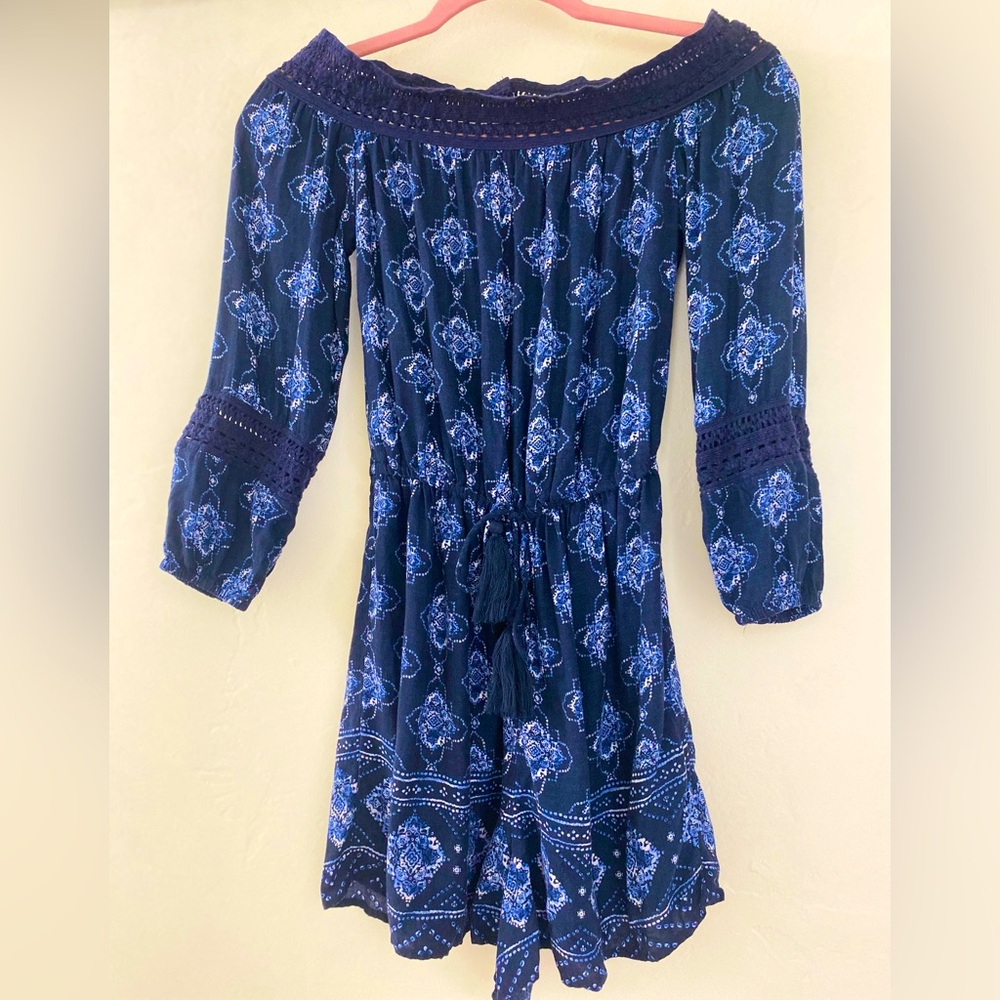 ❤️🙌🤩Hollister Medallion Paisley Blues Crochet Scoop Neck Long-sleeve Romper